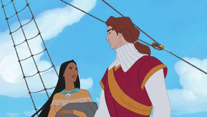 兩個動畫角色在船甲板上，藍天白雲下。 — Pocahontas 壁紙
