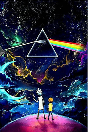 瑞克和莫蒂抬頭看著一個在太空中創造彩虹的棱鏡。 — 粉嫩粉彩美學 壁紙