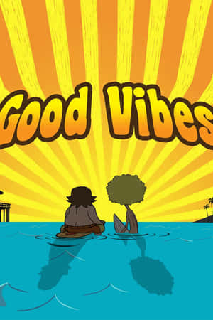 兩個人在明亮太陽下坐在水中，帶有「Good Vibes」文字。 — 搞笑 壁紙