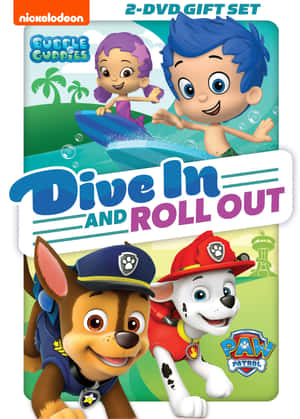 Bubble Guppies和Paw Patrol角色在衝浪主題DVD封面上。 — OnePlus Pad 壁紙