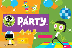兩個卡通小孩在色彩繽紛的PBS Kids派對上跳舞，有氣球和迪斯科球。 — Pbs Kids 壁紙