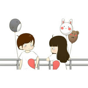 兩個小孩拿著動物氣球，穿著心形襯衫，靠在欄杆上。 — 情侶 壁紙