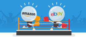 亞馬遜和eBay標誌作為卡通拳擊手在擂台上戰鬥，觀眾歡呼。 — eBay 壁紙