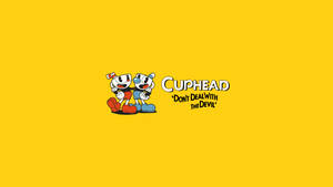 Cuphead和Mugman卡通角色在黃色背景上，帶有遊戲標誌。 — 茶杯頭 壁紙