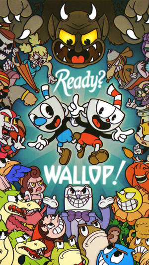 兩個杯角色被憤怒的卡通反派包圍，帶有「Ready? WALLOP!」文字。 — 茶杯頭 壁紙