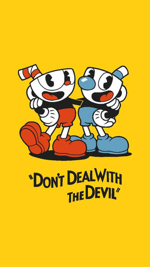 兩個杯角色在黃色背景上擁抱，帶有文字「Don't Deal With The Devil」。 — 杯子蛋糕 壁紙