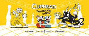 Cuphead 和 Mugman 在黃色格仔賭場場景中與惡魔和賭徒對峙。 — 杯子蛋糕 壁紙