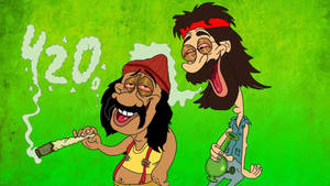 兩個卡通角色吸食大麻並大笑，帶有「420」煙霧。 — 大麻 壁紙