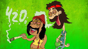 兩個卡通角色吸食大麻時笑著，煙霧形成「420」。 — 迷幻 壁紙