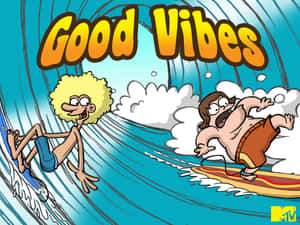 兩個卡通衝浪者騎著波浪，上面有「Good Vibes」文字。 — 電視節目 壁紙