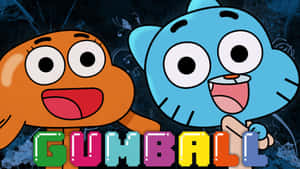Gumball 和 Darwin 卡通角色微笑，帶有彩色像素文字。 — 阿甘正傳 壁紙