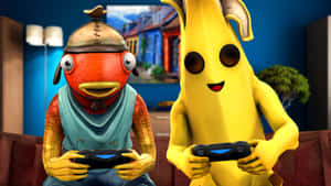 兩個卡通角色在沙發上玩電子遊戲 — 魚棒 Fortnite 壁紙