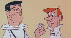 兩個卡通男人，其中一個抱著一個有大眼睛的小機器人，兩人都微笑。 — 卡通 壁紙