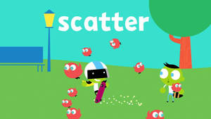 兩個卡通角色在公園追逐紅色鳥類，爆米花四處飛散。 — Pbs Kids 壁紙