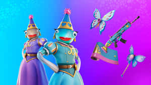 兩個戴著派對帽的魚角色，附近漂浮著蝴蝶武器。 — 魚棒 Fortnite 壁紙