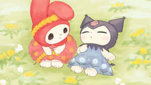 兩個動漫角色 My Melody 和 Kuromi 坐在花田中。 — 庫洛米 壁紙