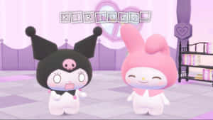 兩個卡通角色 My Melody 和 Kuromi 在一個帶有心形裝飾的紫色房間裡。 — 我的旋律 壁紙
