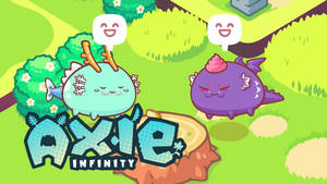 兩個 Axie 角色在草地上微笑，帶有遊戲標誌。 — 可愛的動漫角色 壁紙
