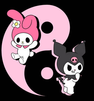 My Melody 和 Kuromi 卡通角色在粉紅色和黑色的陰陽背景上。 — Oppo Find N 壁紙