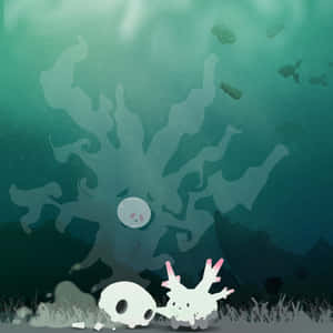 兩個幽靈生物在渾濁的水中，有瓶子和魚。 — 寶可夢 剑 盾 壁紙