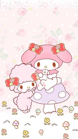 兩個 My Melody 角色在一個有蘑菇的花卉花園中抱著一隻兔子。 — 美學音樂 壁紙