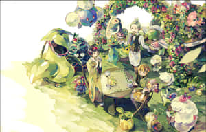 兩個女孩在花園裡與可愛的植物生物喝茶。 — 草地 壁紙