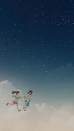 兩個女孩在星空下手牽手穿過雲層奔跑。 — 幽遊白書 壁紙