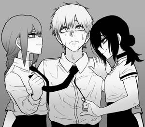 兩個女孩在戲劇性的動畫場景中拉扯男孩的領帶。 — 鏈鋸人 壁紙