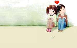 兩個孩子坐在一起，上方有一個飄浮的紅心。 — 可愛 壁紙