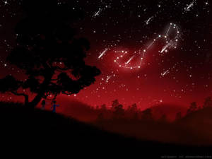 兩個孩子在樹下觀看紅色夜空中的流星。 — 天蠍座美學 壁紙