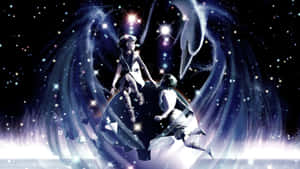 兩個孩子在星光宇宙場景中漂浮，伴隨著發光的天鵝。 — 雙子座 壁紙