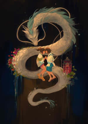 兩個孩子在龍背上擁抱，星空下花朵和燈籠相伴。 — 東方龍 壁紙