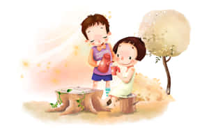 兩個孩子坐在樹樁上，從杯子裡喝茶，溫和的戶外場景。 — 可愛卡通 壁紙