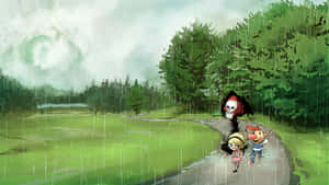 兩個孩子在森林中骷髏形狀的傘下在雨中奔跑。 — 恐怖反派 壁紙