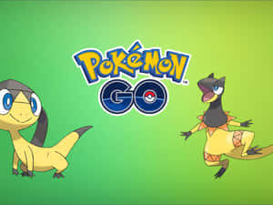 兩個寶可夢角色站在 Pokémon GO 標誌的兩邊。 — 綠色 壁紙
