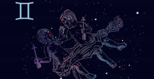 雙子座星座符號與兩個小天使在星空夜空中的插圖。 — 月夜星空 壁紙