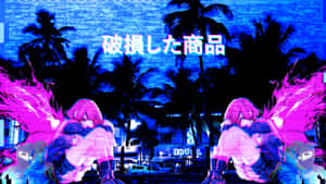 兩個粉紅色頭髮的動漫女孩帶著翅膀坐在一個故障的熱帶夜晚場景中。 — 藍色美學電腦 壁紙