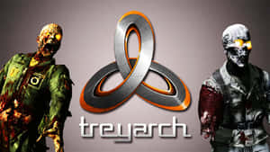 兩個血淋淋的殭屍士兵站在 Treyarch 標誌的兩側。 — 遊戲玩家標誌 壁紙