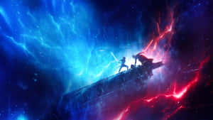 兩個人物在一艘毀壞的太空船上用光劍決鬥，背景是宇宙風暴。 — 凱羅·忍 壁紙