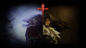 兩個奇幻戰士背靠背站立，中間有一把發光的紅色劍，蝙蝠在黑暗的迷霧中飛翔。 — 惡魔城 壁紙