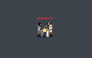 兩個戴著口罩的人在餐桌旁用餐，上方有「HOSPITALITY!」文字。 — 真人快打 蠍子 vs 零度 壁紙