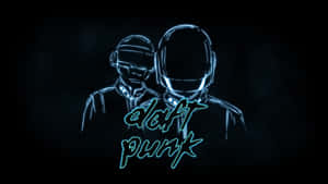 Daft Punk 二人組戴著發光頭盔，深色背景上帶有霓虹藍色文字。 — 嘻哈 壁紙
