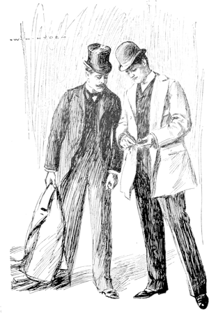 兩個戴高帽的男人在素描線條下的暴雨中行走。