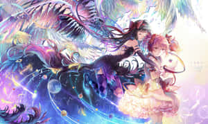 兩個有翼動漫女孩漂浮在星空宇宙場景中，有行星和發光粒子。 — 魔法少女小圓 壁紙