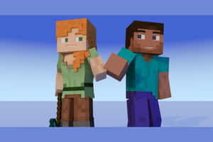 兩個 Minecraft 角色在藍色天空背景下牽手。 — 我的世界迷因 壁紙