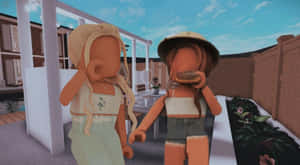 兩個 Roblox 角色在陽光明媚的露臺上享用漢堡，周圍有植物和游泳池。 — 酷炫 Roblox 壁紙