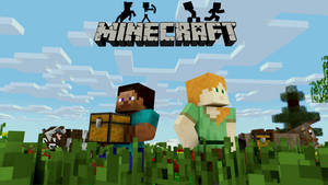 兩個Minecraft角色站在像素化天空下的草地上。 — 我的世界 壁紙