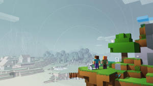 兩名Minecraft玩家俯瞰著一個浮空島嶼世界，擁有方塊狀地形和遠處的建築物。