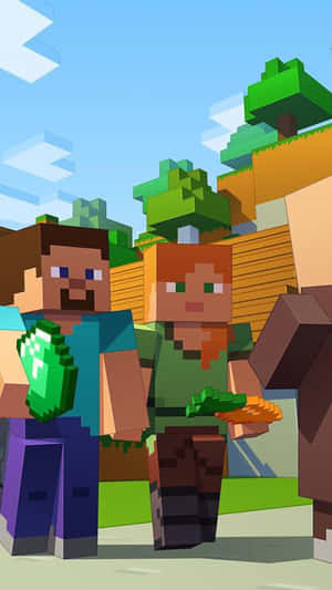 兩個Minecraft角色在陽光明媚的像素化森林中手持綠色物品。 — 我的世界 史蒂夫 壁紙