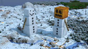 兩個Minecraft雪人，一個有南瓜頭，站在雪地地形中。 — 雪景 GIF 壁紙